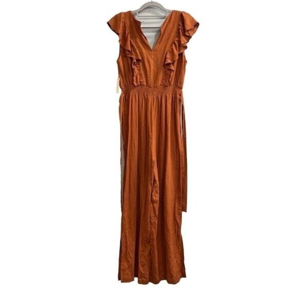 Anthropologie Jumpsuit‎ Brown Linen Blend Ruffle Bodice Wide Leg Size S Earthy